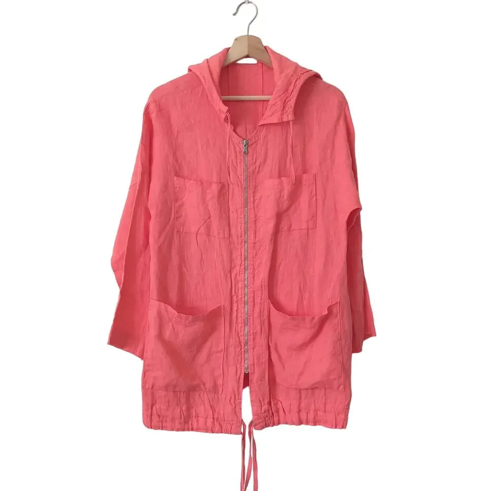Emporium Made in‎ Italy Jacket Womens OS S-L 100% Linen Pink Hooded Zip Up